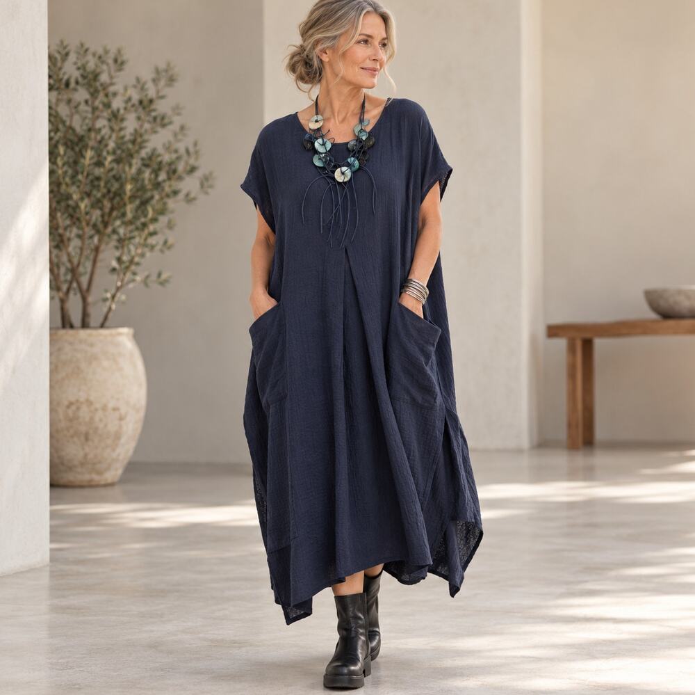 IGOT DOBRANIC Ava Linen Blend Dress Navy Blue Lagenlook Sz L $330 {D4}
